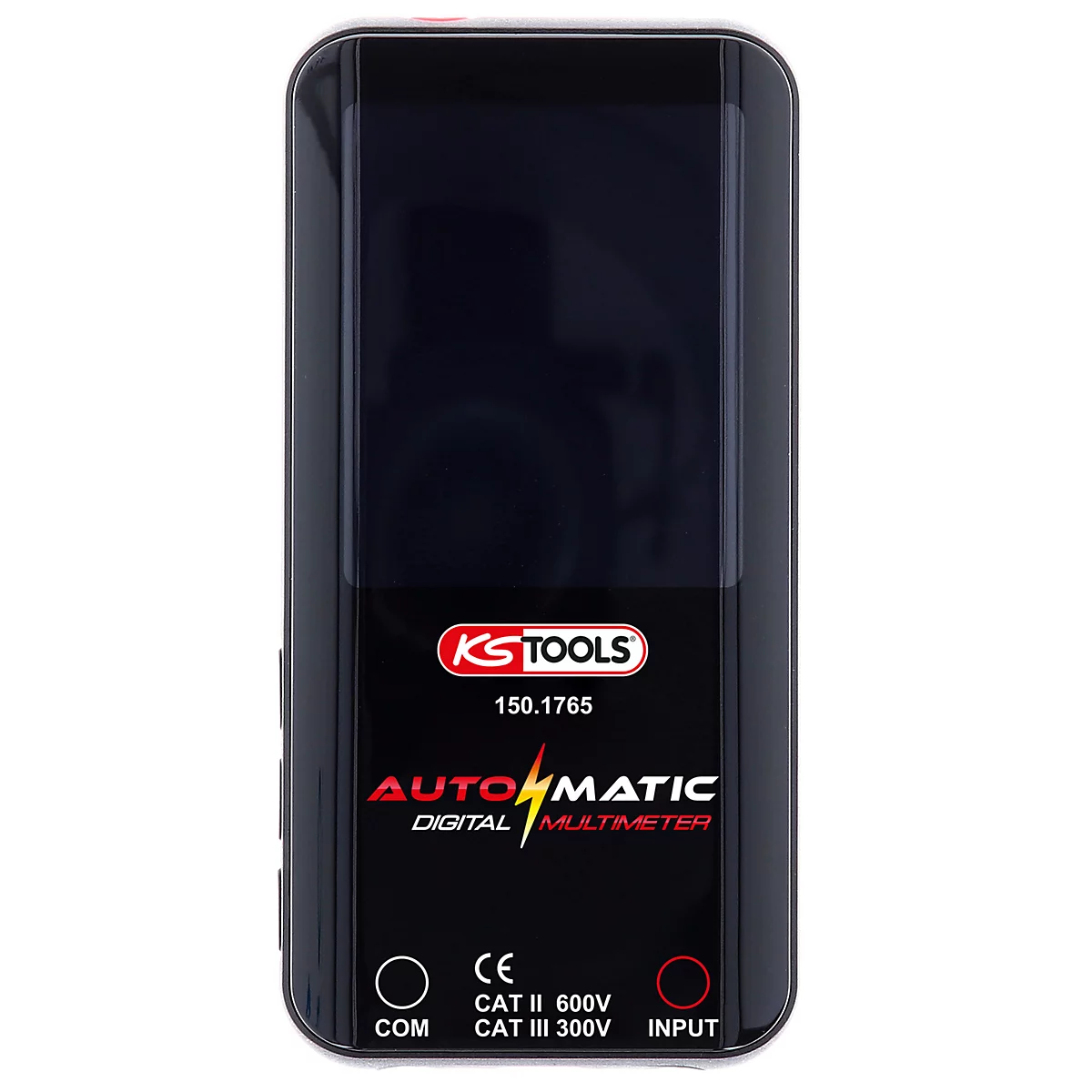 Schwarzes KS TOOLS Multimeter, rotes Logo, gelbes Blitz-Symbol, roter Schriftzug "AUTOMATIC DIGITAL MULTIMETER".